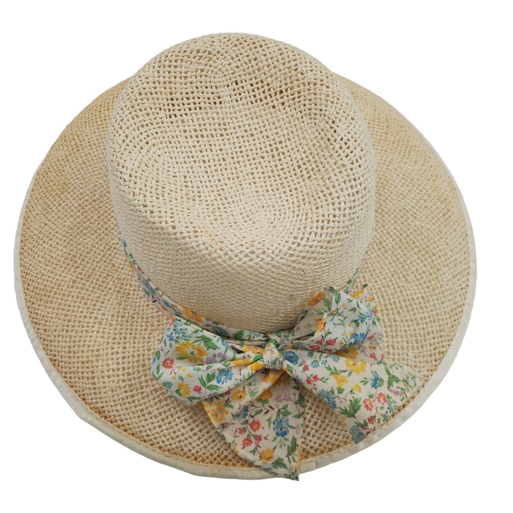 Womens Straw Sun Hat One Size Floral Ribbon Bow Wide Brim Boho Summer Style